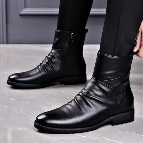 Vista 7 de Botines de vestir de cuero negro para hombre, botas cortas casuales de negocios con cremallera para otoño e invierno 2023