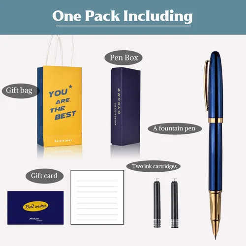 Vista 6 de Ancolo Pluma estilográfica personalizada con cuerpo de metal con caja para bolígrafos, 2 cartuchos de tinta negra personalizados con tu mensaje