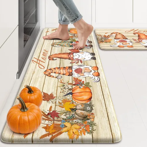 Vista 10 de KIMODE Tapetes Antifatiga para Piso de Cocina 17"x47"+17"x29", Juego de 2 Alfombras de Cocina a Cuadros Marrón y Blanco, Tapete de Cocina