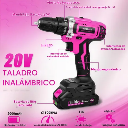 Vista 2 de ThinkLearn - Kit de herramientas con taladro inalámbrico de 20 V (265 lb-in), juego de taladro rosa para mujeres, kit de herramientas para el hogar