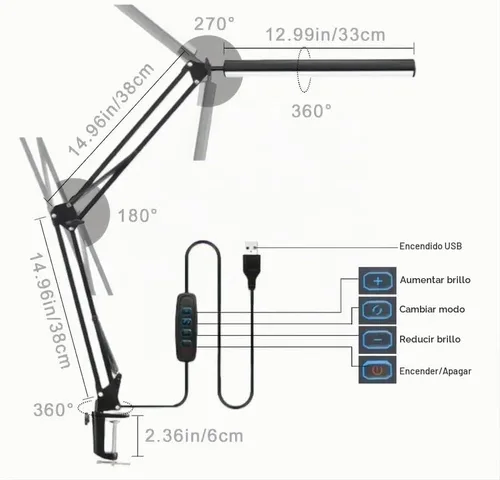 Vista 5 de Lámpara de escritorio LED con 3 modos de cuidado de los ojos, 10 brillo; lámpara flexible larga y ajustable con brazo oscilante para trabajadores