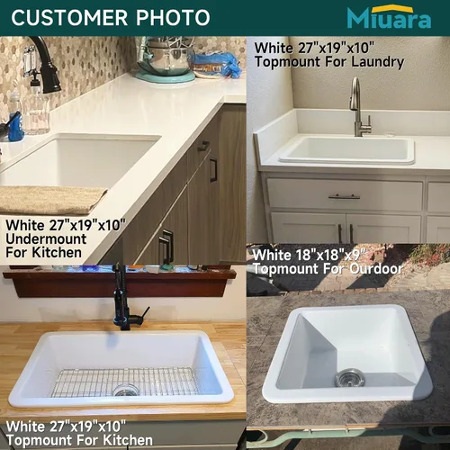 Vista 6 de Miuara Fregadero de barra de montaje inferior blanco de 18 pulgadas - Fregadero de cocina pequeño de montaje superior empotrable de 18"x18"x9