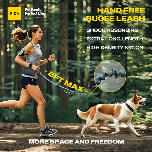 Vista 2 de Fida Correa de perro 3 en 1 manos libres con bolsa de cremallera, correas elásticas y reflectantes – Correa ajustable de 5 a 8 pies para correr