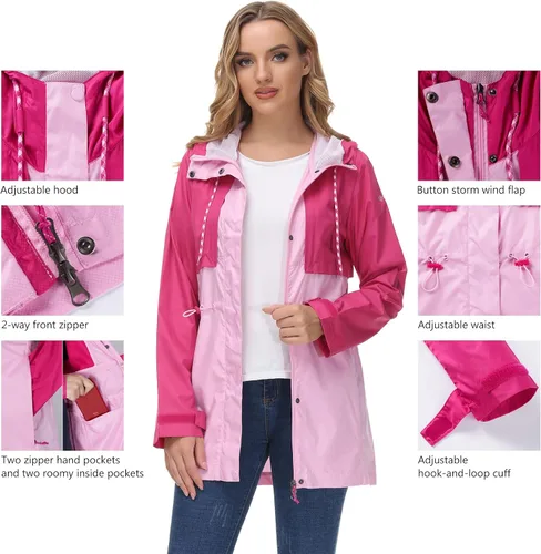 Vista 6 de Lightbare Chaqueta ligera resistente al agua para mujer, antidesgarros, plegable, transpirable, con capucha, cortavientos LB02W