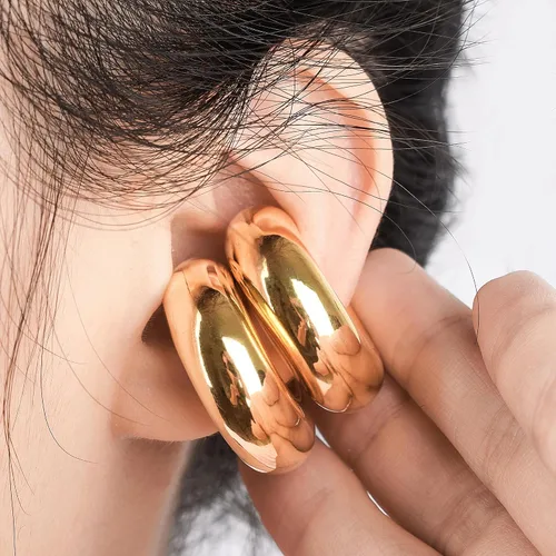 Vista 6 de Juego de aretes gruesos para mujer, sin perforación, de oro de 14 quilates y aretes de plata