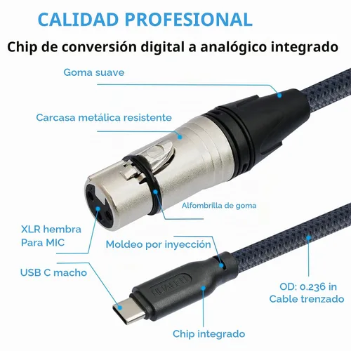 Vista 3 de Cable de micrófono XLR hembra de 3.3 pies a USB C, USB C a XLR para micrófono dinámico iPhone 15, iPad, portátil, tableta