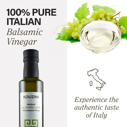 Vista 2 de Kouzini Vinagre balsámico de lima jalapeño blanco ultra premium, aderezo italiano dulce y grueso para ensalada, vinagre orgánico de módena - 8.5 fl