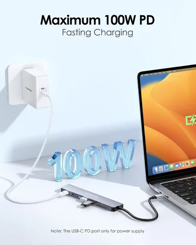 Vista 4 de LENTION Hub USB-C 8 en 1 con HDMI 4K 60Hz, entrega de energía de 100 W, datos USB C de 5 Gbps, 3 USB 3.0 y lector de tarjetas microSD y SD