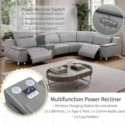 Vista 3 de Juego seccional de cuero de grano superior para sala de estar, puerto de carga USB, sillón reclinable eléctrico convertible para casa, sala