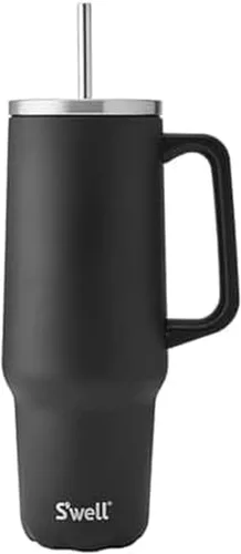 Vista 16 de S'well Vaso de acero inoxidable reciclado XL con popote y asa, 40 onzas, azurita, contenedor aislado al vacío de triple capa mantiene las bebidas