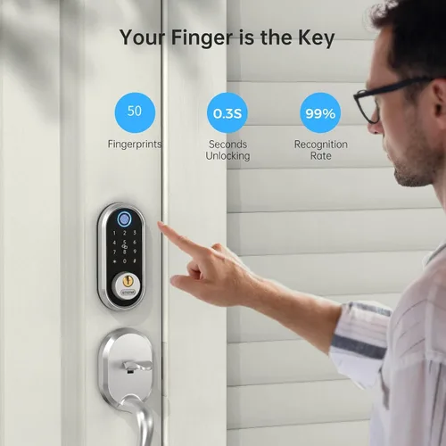 Vista 2 de Cerradura de seguridad inteligente, cerrojo electrónico de huellas dactilares SMONET con teclado, entrada sin llave Bluetooth, teclado digital