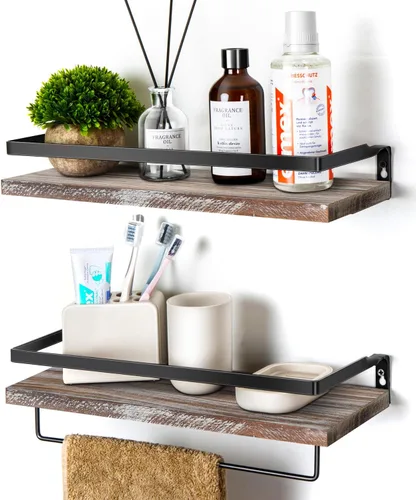 Vista 8 de Estantes flotantes para pared, estantes de baño con toallero, estantes de almacenamiento montados en la pared para cocina, baño, juego de 2 Marrón
