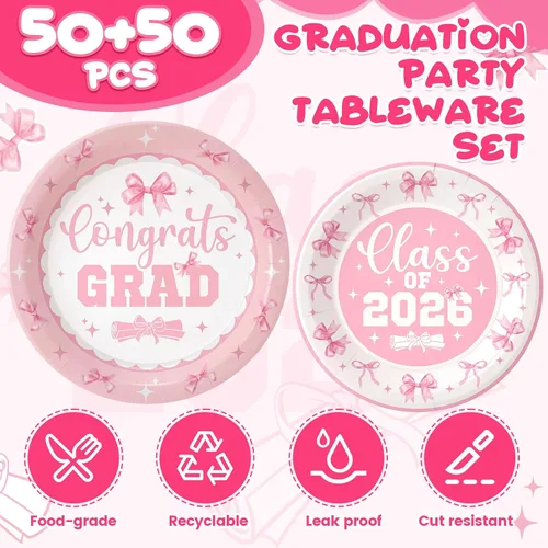 Vista 3 de Mumufy Juego de 100 platos de graduación 2026, suministros de platos de fiesta de graduación, diseño de lazo rosa coqueta, 50 platos de cena