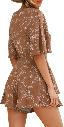 Vista 6 de Relipop Enterizo de verano para mujer, diseño floral, cuello en V, manga corta, cintura con nudo y dobladillo con volantes, overol corto casual