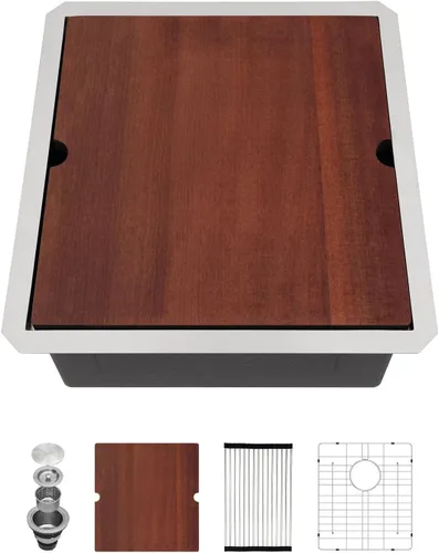 Vista 23 de Sarlai Fregadero de cocina empotrado de 30 pulgadas dorado - Fregadero de cocina de 76,2 cm x 45,7 cm con repisa para estación de trabajo de acero