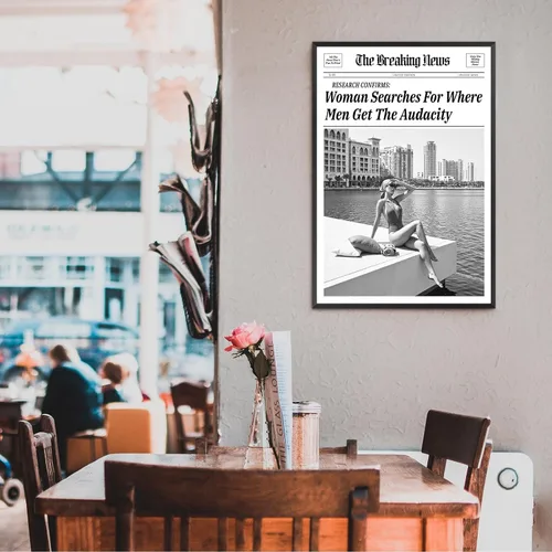 Vista 5 de Lienzo de periódico vintage para pared, diseño de mujer que busca dónde los hombres obtienen la audacia, pósteres retro en blanco y negro del New