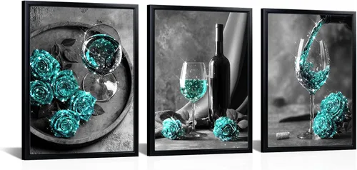 Vista 7 de Visual Art Decor Decoración de pared de cocina de granja, copas de vino, impresiones de pintura de flores de rosa, imágenes modernas de decoración