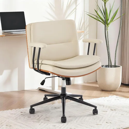 Vista 7 de Silla de oficina moderna sin brazos de nogal con ruedas, silla ejecutiva de cuero PU ajustable de giro amplio, silla de computadora ergonómica
