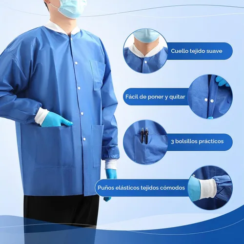 Vista 3 de JMU Paquete de 10-100 abrigos desechables de laboratorio, chaquetas médicas Azul oscuro