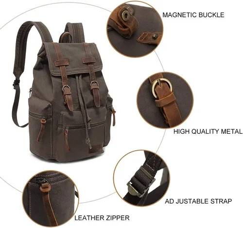 Vista 2 de koolehaoda Mochila de lona vintage unisex casual para laptop de 12 a 17 pulgadas, mochila de viaje, camping, senderismo (L, verde militar)