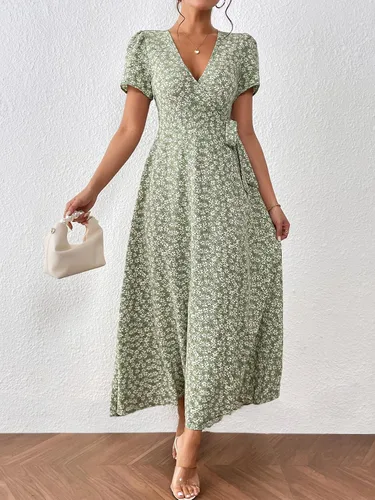 Vista 4 de OYOANGLE Vestido largo de manga corta con cuello en V y estampado floral bohemio para mujer