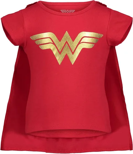 Vista 4 de DC Comics Disfraz de la Liga de la Justicia de Mujer Maravilla para niñas camiseta con falda de tul diadema y capa juego de 4 piezas para niños