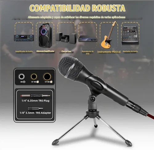 Vista 3 de Micrófono dinámico profesional para cantar micrófono de karaoke con cable de audio XLR de 16 pies a 1/4 pulgadas, micrófono de mano vocal