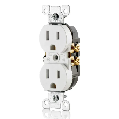 Vista 2 de Receptáculo Leviton de doble toma recta de 15 A, 125 V, con descarga a tierra, resistente a la manipulación, Blanco, T5320-WMP, 120 volts