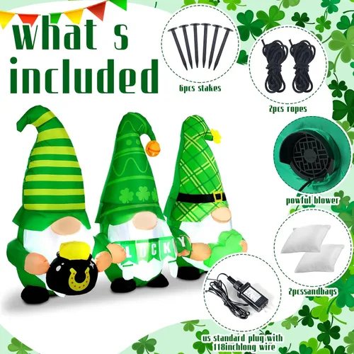 Vista 5 de Sosation Decoraciones inflables para el día de San Patricio de 6 pies con luces LED, gnomos, duende, trébol, para patio, porche, fiesta