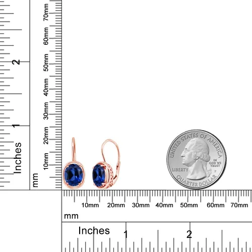 Vista 2 de Gem Stone King Aretes colgantes chapados en oro rosa de 18 quilates con zafiro creado en azul para mujer (4.60 quilates, ovalado, 0.354 x 0.276 in)