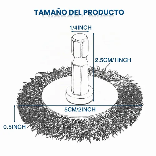 Vista 2 de Cepillos de alambre de 2 pulgadas para taladro, kit de cepillos de rueda de alambre de acero inoxidable con vástago hexagonal de 1/4 pulgadas, 6