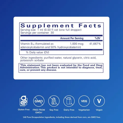 Vista 2 de Pure Encapsulations Adenosil/Hidroxil B12 Líquido 30 mL - Apoya el metabolismo energético y la salud neurológica* - para el apoyo cerebral* - Sin