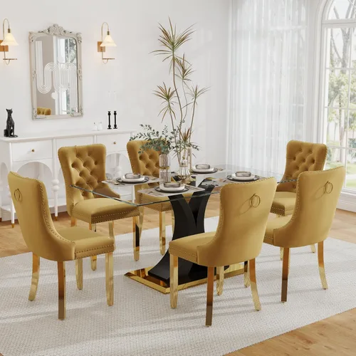 Vista 16 de Juego de comedor de cristal moderno de lujo de 7 piezas, juego de cena rectangular minimalista grande para 6, mesa de cocina de cristal transparente