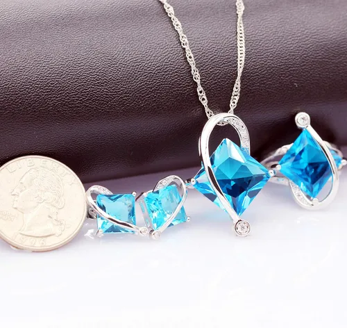 Vista 5 de Uloveido T295 - Juego de collar, anillo y aretes con topacio de cristal cuadrado grande Azul