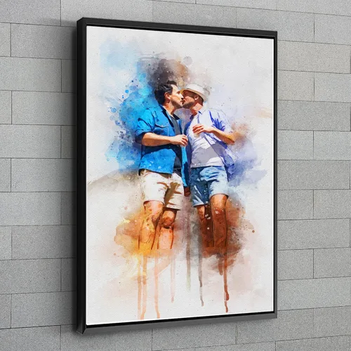 Vista 7 de Retrato personalizado de pareja LGBT de foto de acuarela arte sobre lienzo, regalo de compromiso, regalo memorable para marido o novio, arte