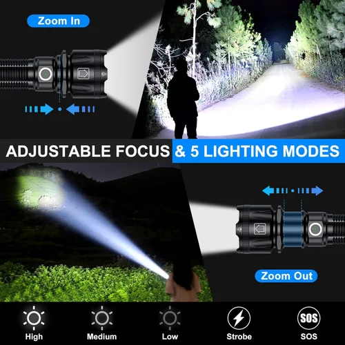 Vista 2 de Linternas de alto lúmenes, 1800.000 lúmenes, linterna recargable súper brillante con 5 modos de luz, zoomable, IP67 impermeable, linterna LED