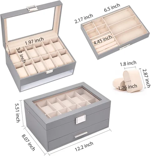 Vista 2 de Voova Joyero organizador de cajas de reloj para hombres y mujeres 2 capas grandes de 12 ranuras de piel sintética estuche de almacenamiento