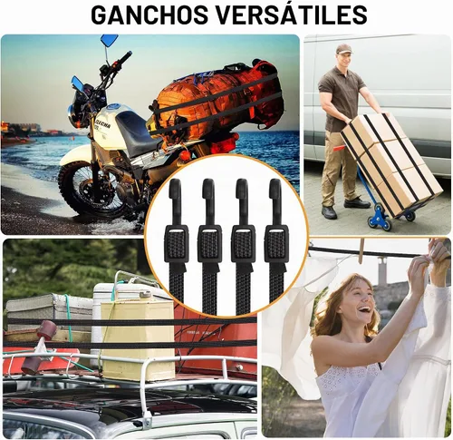 Vista 6 de Cuerdas Elásticas con Ganchos de Alta Resistencia, Cuerdas Elásticas Planas Ajustables con Ganchos de 32 Pulgadas, Correas Elásticas de Goma Negras