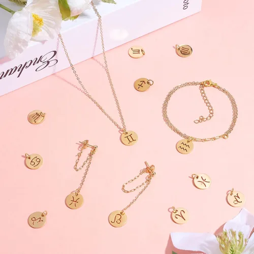 Vista 4 de 24 dijes de acero inoxidable del zodiaco, colgantes planos y redondos, constelaciones, dije de signo del zodiaco, dorado, para joyería, collares