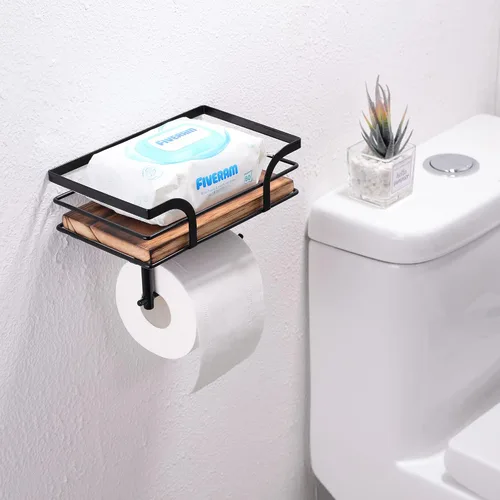 Vista 5 de Soporte de papel higiénico rústico de granja con estante – Decoración rústica de baño de granja – Accesorios de baño rústicos con estante de madera