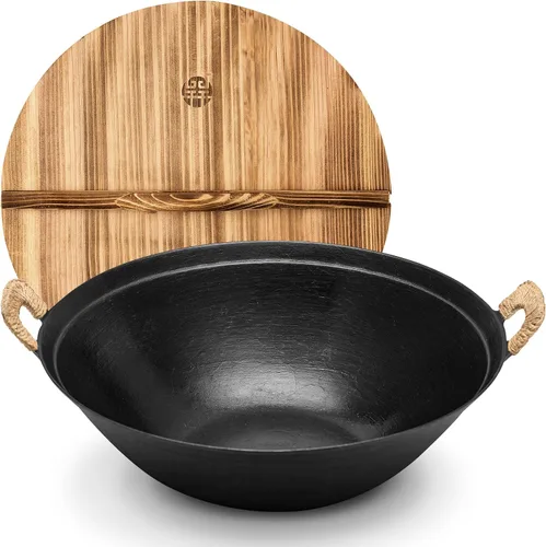 Vista 8 de WANGYUANJI Wok de hierro fundido hecho a mano de 11.8 pulgadas con asas dobles, pequeño wok chino de fondo redondo para 1 a 2 porciones, sartén sin