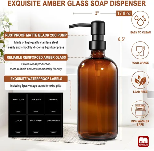 Vista 3 de Dispensador de jabón de vidrio ámbar GMISUN, juego de 2 dispensadores de jabón de mano para baño con bomba de acero inoxidable, juego de dispensador