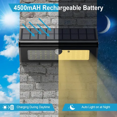Vista 6 de SECUROAD Luces solares con sensor de movimiento de 1100 lúmenes para exteriores, IP65 impermeables, batería de 4500mAh, luces de pared de seguridad