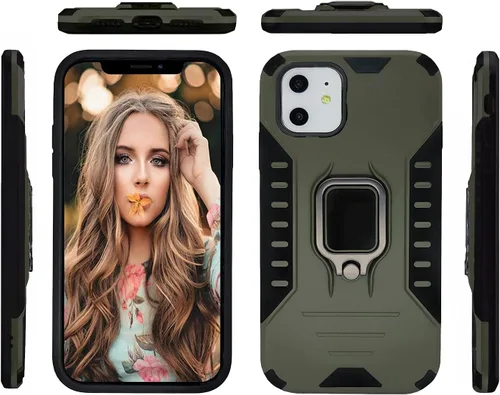 Vista 7 de MODOS LOGICOS Funda para iPhone 11, funda protectora de doble capa a prueba de golpes con soporte de anillo giratorio de metal 360 integrado, Verde