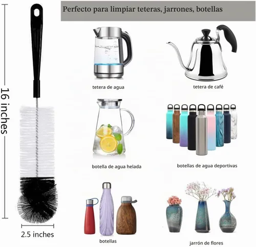 Vista 3 de ALINK Juego de 8 cepillos de limpieza de botellas, limpiador de botellas negras de mango largo para lavar botellas estrechas
