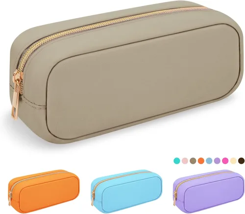 Vista 57 de Iqimott Bolsa Grande de Maquillaje de Nylon, Neceser de Viaje, Bolsa Grande de Cosméticos Preppy, Organizador de Maquillaje de Nylon, Bolsa de Beige