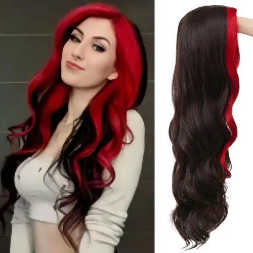 Vista 14 de Kaneles Peluca rizada de color rojo degradado, pelucas de cabello largo ondulado para mujer, pelucas de fibra sintética negra y roja para fiesta