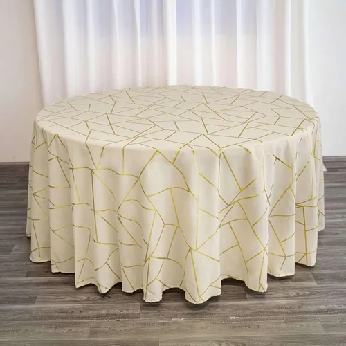 Vista 26 de Efavormart - Mantel redondo de poliéster de 120 pulgadas con patrón geométrico dorado Morado