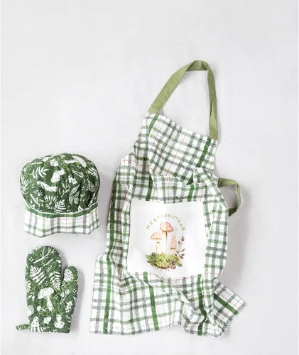 Vista 3 de Creative Co-Op Delantal infantil con estampado de algodón flameado, sombrero de chef y guante caliente