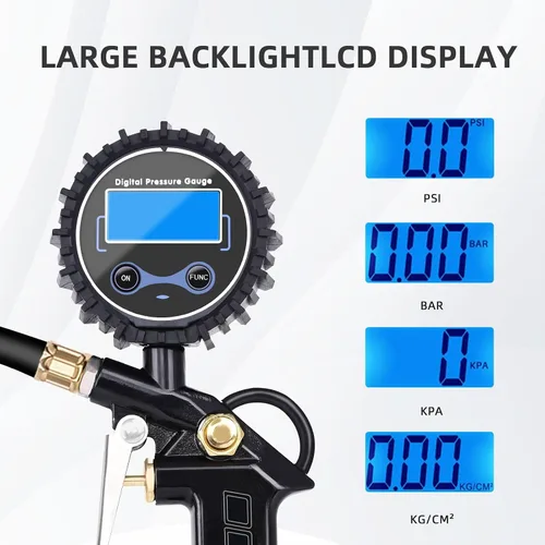 Vista 4 de Medidor de presión de neumáticos con inflador, portabrocas de aire de 250 PSI y accesorio de compresor, resistente, con conector rápido, resolución
